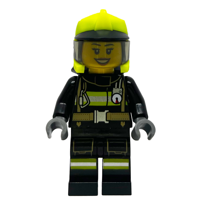 Lego Firefighter, Black Fire Suit, Vibrant Yellow Helmet