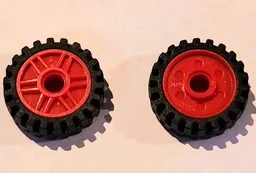 Wheel 18mm D. x 8mm with Fake Bolts and Shallow Spokes with Black Tire 24mm D. x 7mm Offset Tread - Band Around Center of Tread (56902 / 61254) / Red