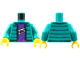 Torso Jacket with Zipper, Dark Purple Shirt with White and Red Abstract Pattern / Dark Turquoise Arms / Yellow Hands