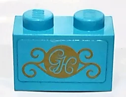Brick 1 x 2 with Gold 'GH' and Swirls Pattern (Sticker) - Set 41101 / Medium Azure