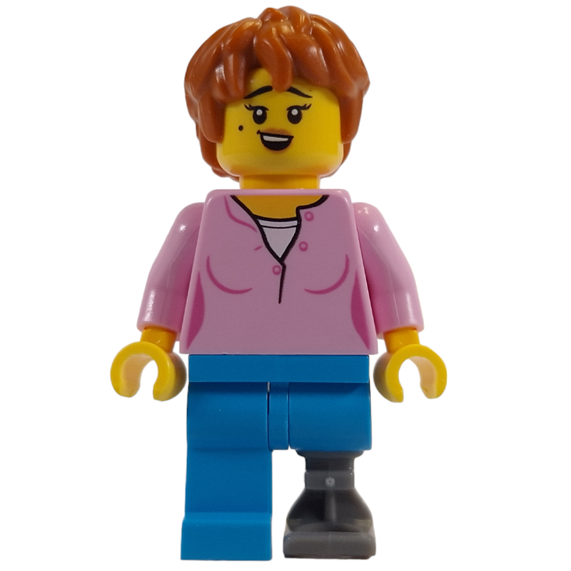 Lego Bright Pink Torso, Dark Azure Legs, Prosthetic Leg, Dark Orange Hair