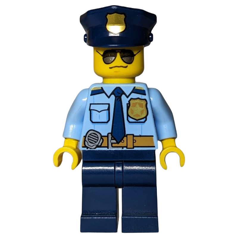 Lego Policeman, Bright Light Blue Shirt with Dark Blue Tie, Badge, and Radio on Belt, Dark Blue Police Hat with Badge, Sunglasses