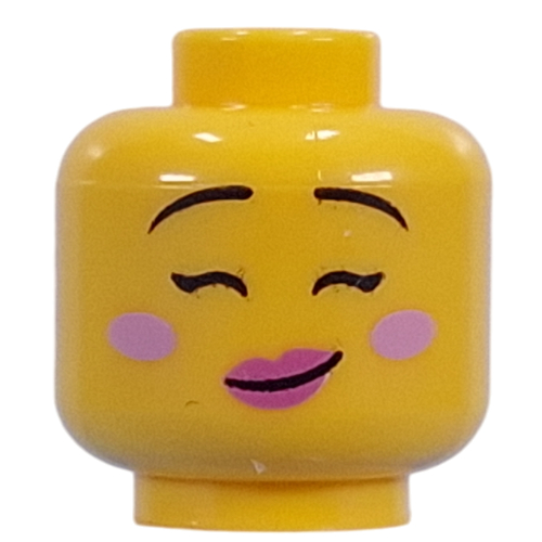 Lego Minifig Head Thin Black Eyebrows, Bright Pink Cheeks, Dark Pinks Lips, Open Mouth Crookes Smile/Close Eyes, Crooked Smile / Yellow