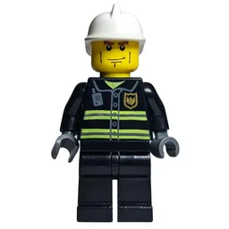Fireman, Black Fire Jacket with Reflective Stripes, Radio, and Badge, Dark Bluish Gray Hands, White Helmet, Cheek Lines