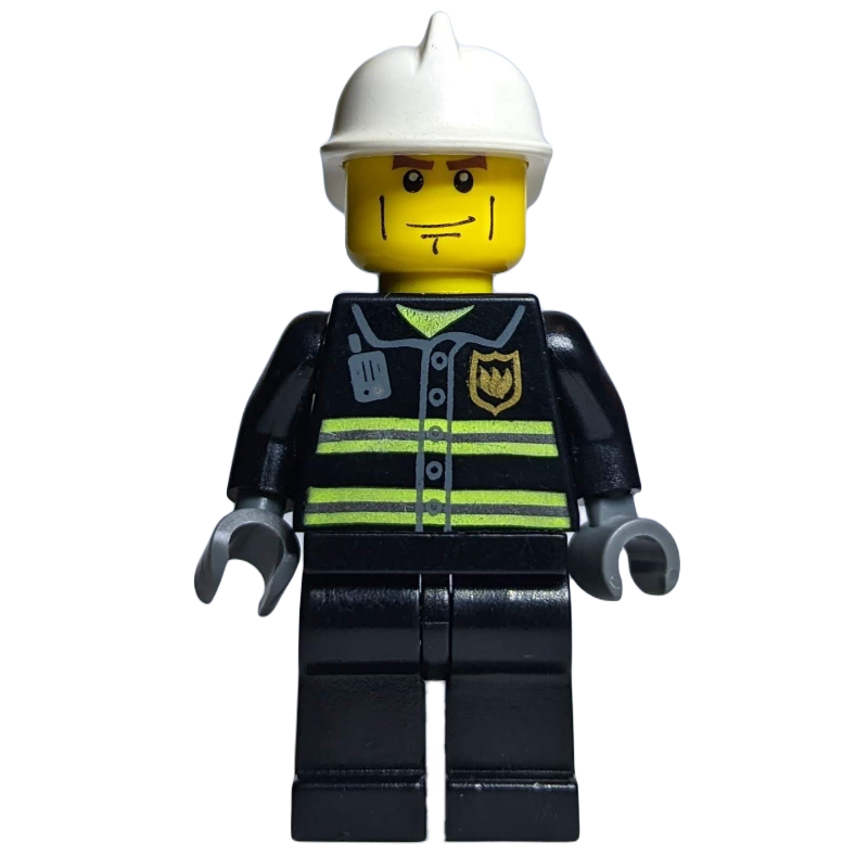Lego Fireman, Black Fire Jacket with Reflective Stripes, Radio, and Badge, Dark Bluish Gray Hands, White Helmet, Cheek Lines