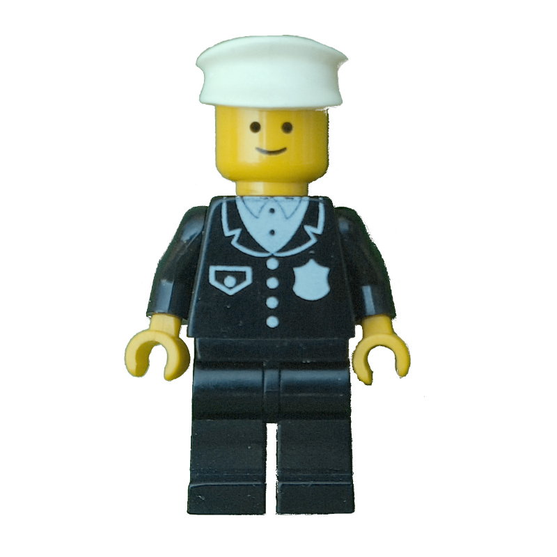 Lego Policeman, Black Suit with Pocket and Badge, White Hat (3626a Head)