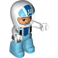 Duplo Figure with Helmet White with '34', Medium Azure Legs, Racing Jacket Print / Medium Azure