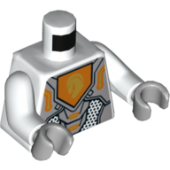 Lego Torso Armor, Light Bluish Gray Plates, Orange Shield with Yellow Horse Head Print, White Arms, Light Bluish Gray Hands / White