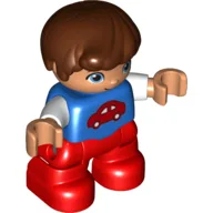 Duplo Figure Child, Hair Combed Forward with Curl Reddish Brown, Red Legs, White Sleeves and Red Car Print / Blue