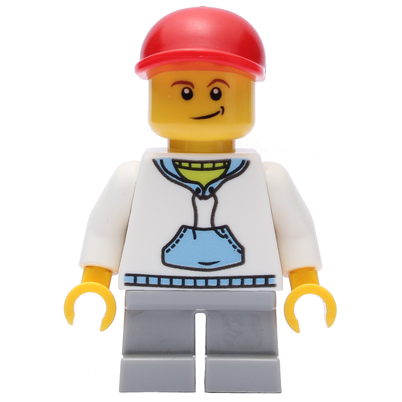 Lego Boy, White and Blue Hoodie, Short Light Bluish Gray Legs, Red Cap (3626b Head)