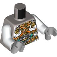 Lego Torso, Gold/Orange/Dark Turquoise Asian Decorations print, White Arms, Light Bluish Gray Hands / Flat Silver
