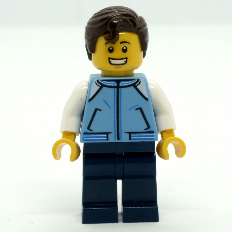 Lego Man, Medium Blue Jacket, Dark Blue Legs, Dark Brown Hair
