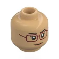 Minifig Head Captain Tashigi, Dark Brown Eyebrows, Dark Red Glasses, Neutral Smile / Scared / Warm Tan
