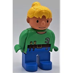 Duplo Figure, Early, Ponytail Yellow, Blue Legs, Toolbelt Print (Wendy) / Bright Green
