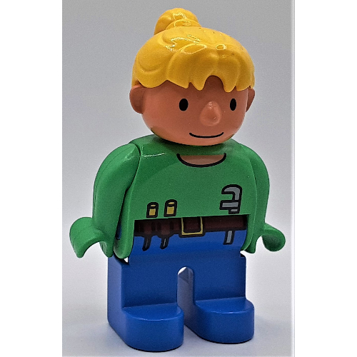 Lego Duplo Figure, Early, Ponytail Yellow, Blue Legs, Toolbelt Print (Wendy) / Bright Green