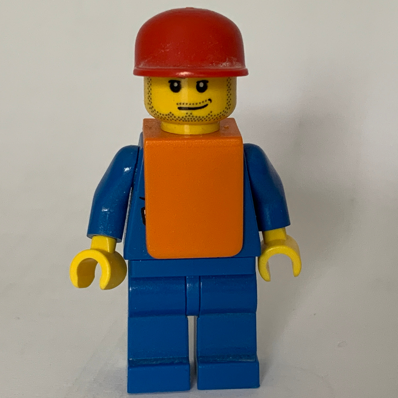Lego Ground Crew, Blue Suit with Tie and Plane Logo, Red Cap, Orange Vest, Stubble