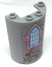 Cylinder Half 2 x 4 x 5 with 1 x 2 Cutout with Bright Light Blue Window with Bright Pink Frame, 6 Red Roses and Dark Green Vines Pattern (Sticker) - Set 41152