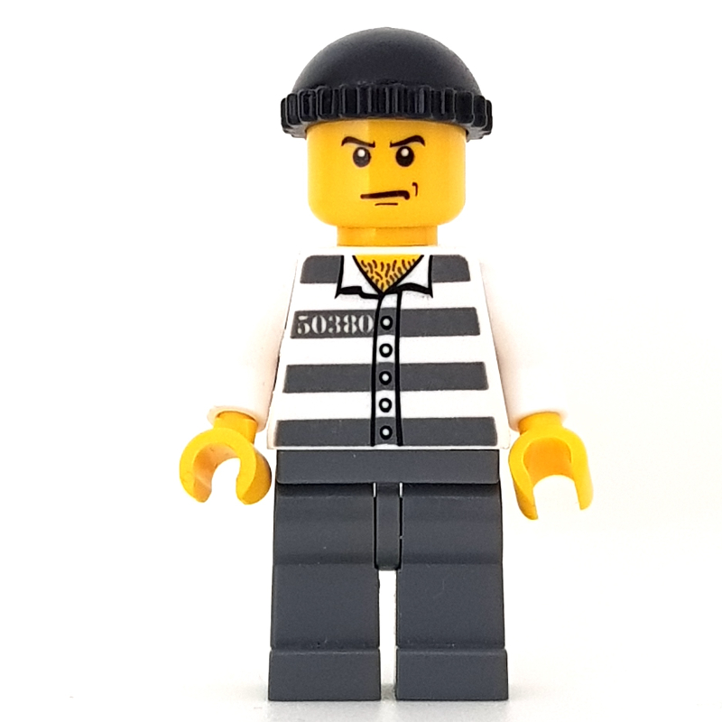 Lego Criminal, Prison Shirt with #50380, Dark Bluish Gray Legs, Black Hat