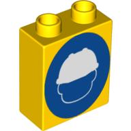 Lego Duplo Brick 1 x 2 x 2 without Bottom Tube with Construction Worker Head on Blue Circle Print / Yellow