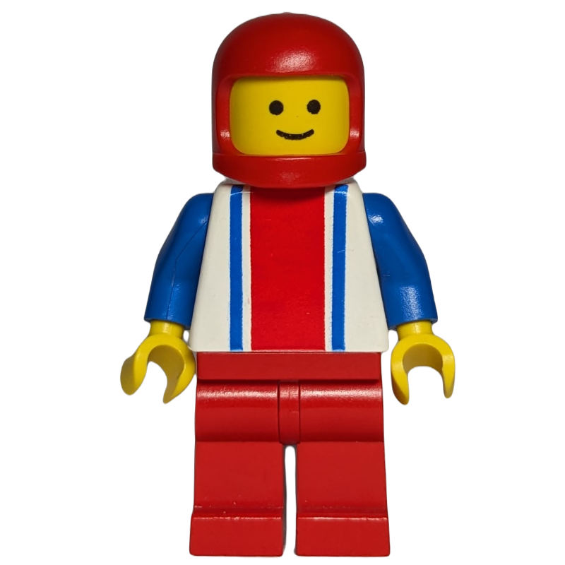 Lego Man, White Top with Large Red Stripe and 2 Blue Stripes, Red Legs, Red Helmet