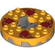 Turntable 6 x 6 Round Flat Silver Base Serrated with Red Faces with Flames Print (Ninjago Spinner) / Bright Light Orange