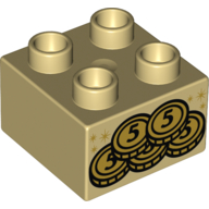 Lego Duplo Brick 2 x 2 with 5 Gold Coins with '5' Print / Tan