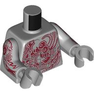 Lego Torso Bare Chest with Muscles and Red Tattoo with Minifig Heads Print, Light Bluish Gray Arms and Hands with Dark Red Tattoo Print / Light Bluish Gray