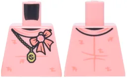 Torso Blouse with Coral Crosshatch and Bow with Flower, Black and Gold Chain and Locket with Letter S Pattern / Warm Pink