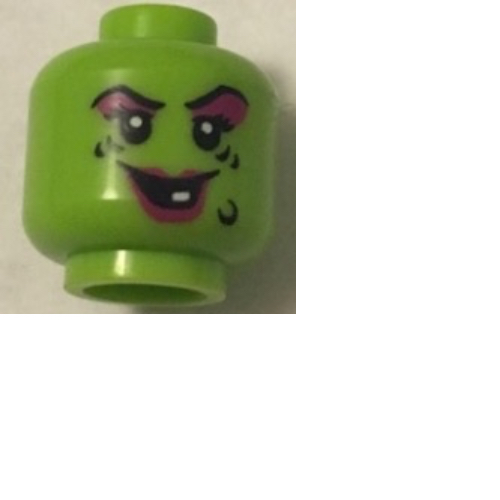 Lego Minifig Head, Witch, Magenta Lips and Eye Shadow, Black Wart and Wrinkles, Smile with One White Tooth / Lime