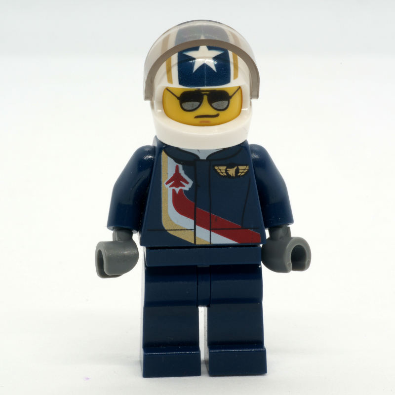 Lego Pilot, Dark Blue Jumpsuit with Plane and Wings Badge, White Helmet with Stars and Visor, Sunglasses