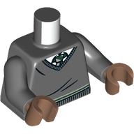 Lego Torso, Sweater, White Shirt, Dark Green/Sand Green Tie, Hogwarts Slytherin Uniform print, Dark Bluish Gray Arms, Medium Brown Hands / Dark Bluish Gray