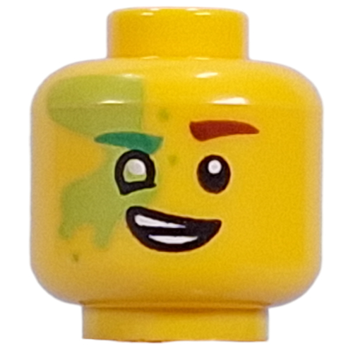 Lego Minifig Head Mateo, Lime Spot over Eye, Green Left, Dark Red Right Eyebrow, Lime Left Eye, Open Mouth Lopsided Smile/Lopsided Grin / Yellow