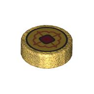 Lego Tile Round 1 x 1 with Gold Coin, Tan/Dark Red Decoration print / Pearl Gold