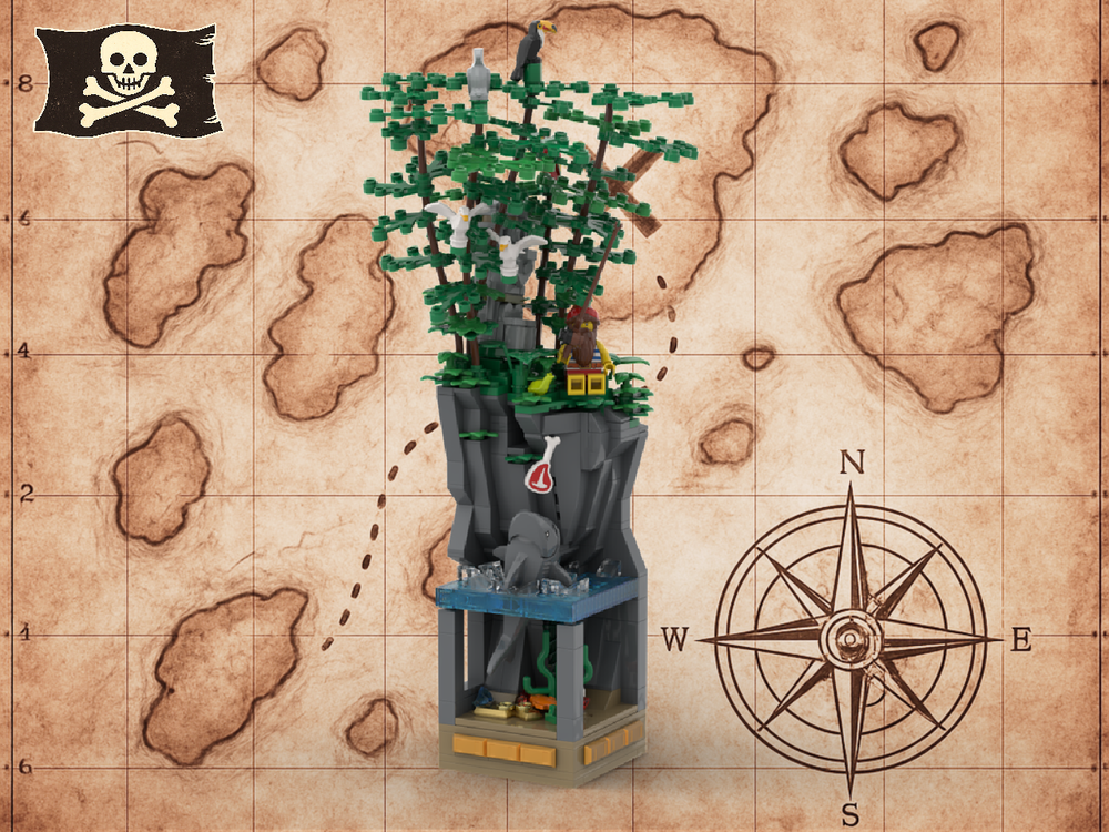 Lego Jumping Shark Ambush - Stackable Pirate Diorama - Master SNOT rockwork and vegetation / Vignette #1 / 🎁 FREE DOWNLOAD
