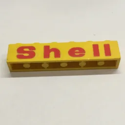 Brick 1 x 6 with 'Shell' Rounded 'e', Red Print / Yellow