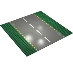Baseplate 32 x 32 with 6-Stud Straight with Dark Gray Road, Yellow Dashed Lines and Storm Drains Print / Green