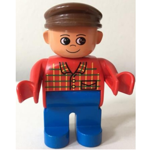 Lego Duplo Figure, Early, with Flat Cap Brown, Blue Legs, Plaid Shirt Print (Farmer) / Red