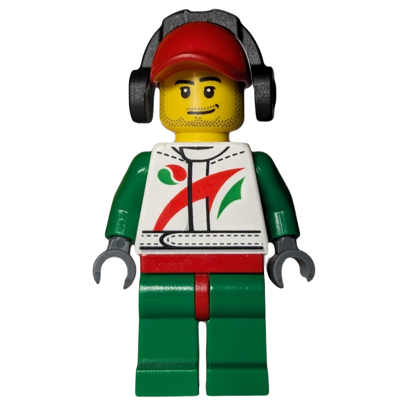 Lego Racer, White and Green Jumpsuit with Octan Logo, Red Cap with Ear Defenders, Stubble