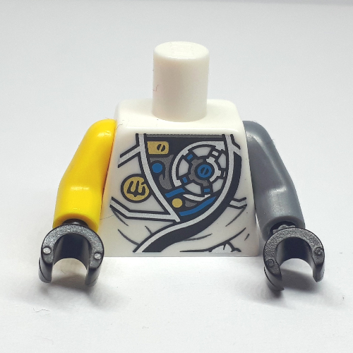 Lego Torso, Odd Arms, Robe, Mechanical Parts, Gold Lion Emblem Print, Left Flat Silver Arm, Right Yellow Arm, Black Hands / White