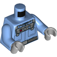 Lego Torso Shirt with Front Pockets under Silver Control Unit with 3 Gauges and Belt with Silver Buckle print, Medium Blue Arms, Light Bluish Gray Hands / Medium Blue