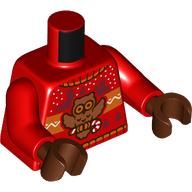 Lego Torso, Christmas Sweater, Medium Nougat Owl print, Red Arms, Reddish Brown Hands / Red