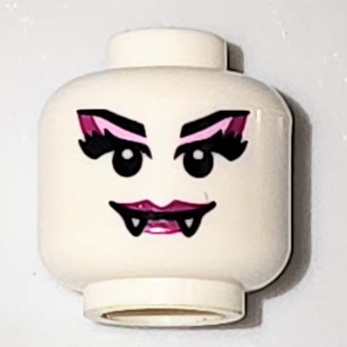 Lego Minifig Head Spider Lady, Magenta Lips, Fangs and Magenta Eye Shadow / White