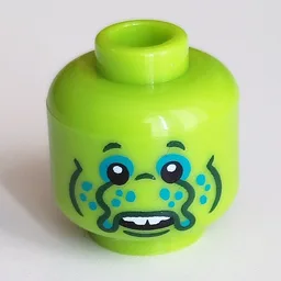 Minifig Head Alien, Dark Turquoise Eyeshadow, Spots, Dark Green Tentacles for Nose, Lines Print / Lime