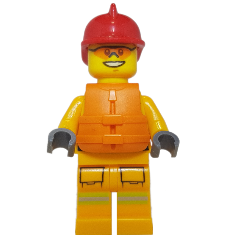 Lego Fireman, Bright Light Orange Fire Suit, Red Helmet, Orange Life Vest, Orange Sunglasses