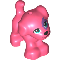 Lego Animal, Dog, Small Standing with Dark Turquoise Eyes, Black Nose and Mouth, Medium Lavender Spot Print / Coral