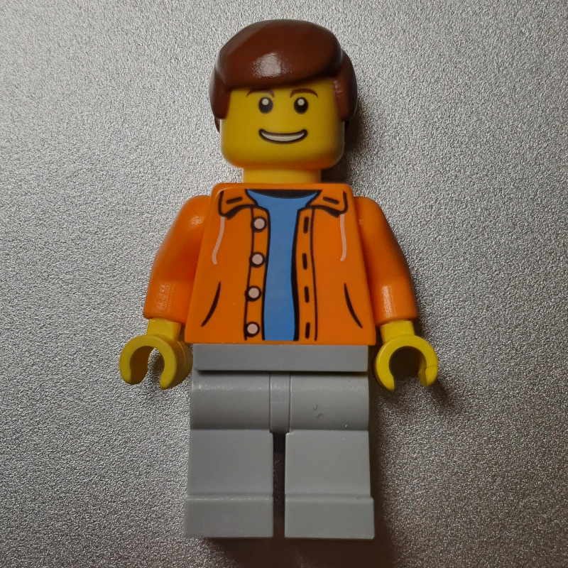 Lego Man, Open Orange Jacket over Light Blue Shirt, Reddish Brown Hair