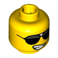Lego Minifig Head Rock Star, Black Sunglasses Large and Lopsided Smile Wide with Teeth Print / Yellow