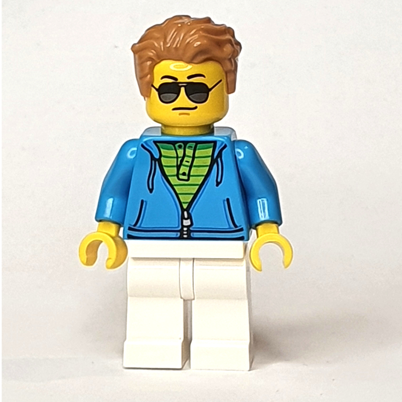 Lego Dark Azure Torso, White Legs, Medium Nougat Hair