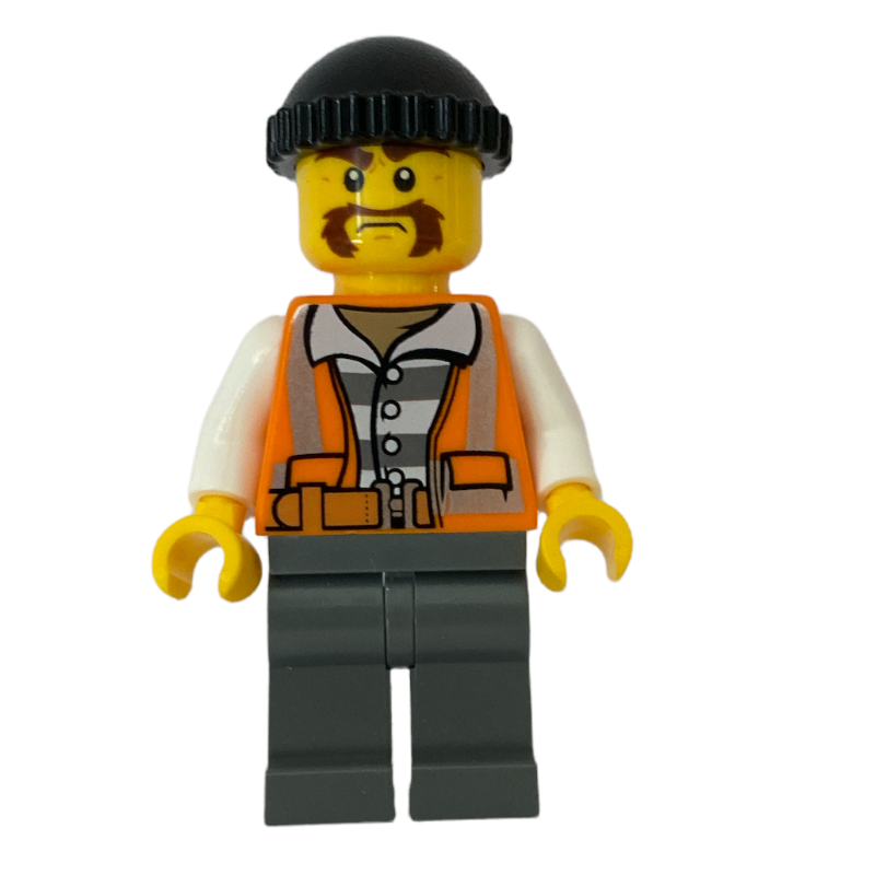 Lego Criminal, Open Orange Safety Vest Over Prison Shirt, Black Hat, Bushy Moustache