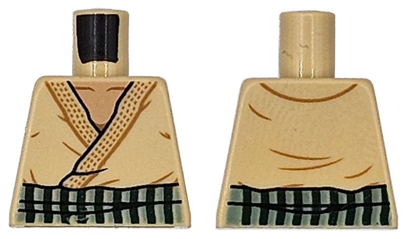 Lego Torso Robe with Dark Tan and Black Trim and Creases, Medium Tan Neck with Collar Bones, Dark Green and Sand Green Belt Pattern